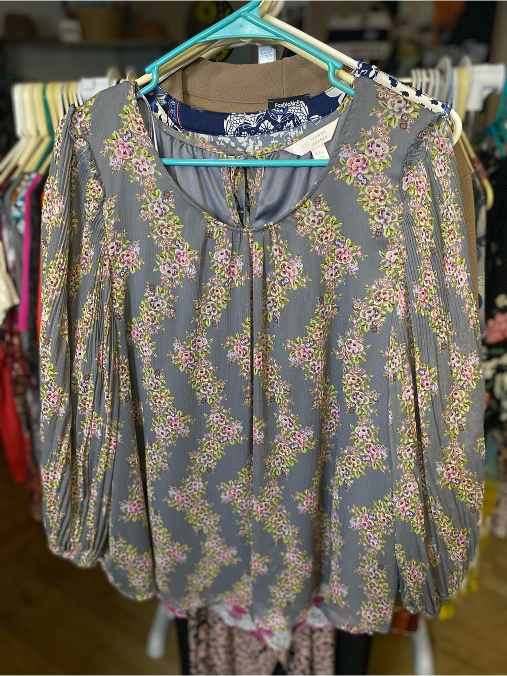 LC Lauren Conrad Gray Blouse with Pink Floral Print